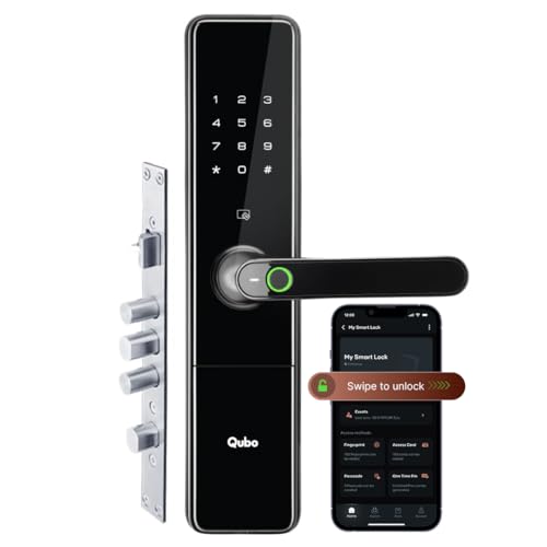 QUBO Smart Door Lock Ultra from Hero Group | 7-Way Unlocking | 5 Bolts | Fingerprint | Remote Unlocking via OTP | PIN | Access Card | Mobile App | Mechanical Key | 3 Years Brand Warranty | (Black)|B0DWMVXVHF