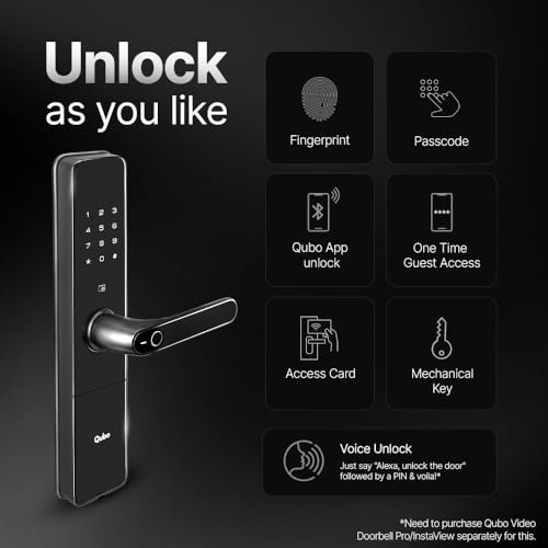QUBO Smart Door Lock Ultra from Hero Group | 7-Way Unlocking | 5 Bolts | Fingerprint | Remote Unlocking via OTP | PIN | Access Card | Mobile App | Mechanical Key | 3 Years Brand Warranty | (Black)|B0DWMVXVHF
