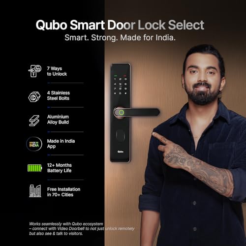 QUBO Smart Door Lock Select from Hero Group (2025 Edition) | 7-Way Unlocking | 5 Bolts | Fingerprint | Remote Unlocking via OTP | PIN | Access Card | Mobile App | 2 Years Brand Warranty | (Copper)|B0DWMZ5F2Y
