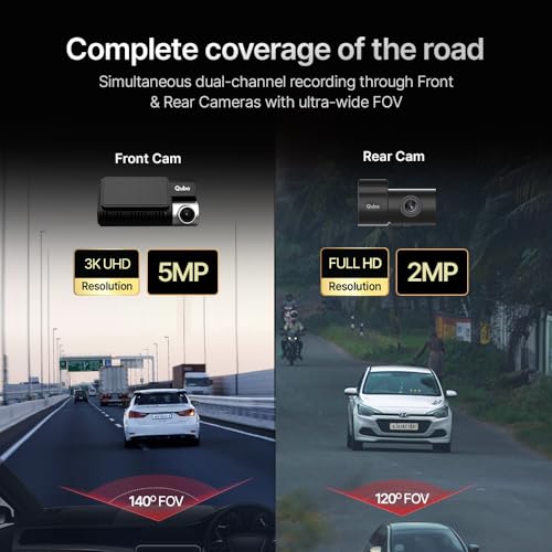 Qubo Car Dashcam Pro 3K with Sony STARVIS 2 IMX675 Sensor | Dual Channel | Hero Group | NightPulse Vision | 5MP UHD Front (140°), 2MP FHD Rear | 3.2" LCD | Built-in GPS, Wi-Fi, Mic | Up to 1TB Storage|B0F2237M2D