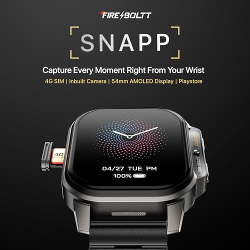 Fire-Boltt Snapp Smart Watch, Selfie Camera, 4G Nano-SIM Slot, 54.1mm AMOLED Display, Play Store- Unlimited apps, 1000mAh Battery, 2GB/4GB RAM + 16GB/64GB ROM (Jet Black Luxe)|B0D6BT12G8