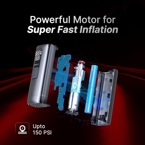 Qubo Digital Tyre Pressure Inflator Max | 150 PSI | 5200 mAh Battery | Dual Mode (Battery + 12V Port) | Super Fast Inflation | Digital Display | 5 Air Fill Modes | Auto Cut-Off | Multiple Nozzles|B0D37XX7W6