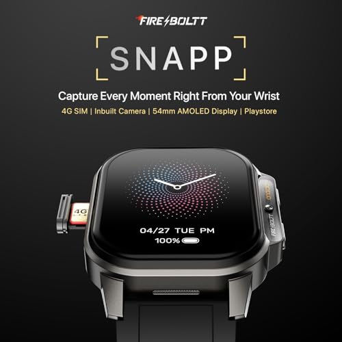 Fire-Boltt Snapp Smart Watch, Selfie Camera, 4G Nano-SIM Slot, 54.1mm AMOLED Display, Play Store- Unlimited apps, 1000mAh Battery, 2GB/4GB RAM + 16GB/64GB ROM (Archaic Black)|B0D6BWLMNZ