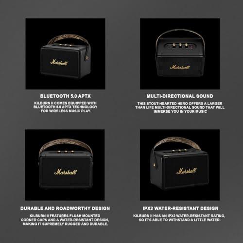 Marshall Kilburn II Portable Bluetooth Speaker with 20+ Hours of Portable Playtime, (360° Sound), Water-Resistant (IPX2) Black & Brass. - Nalanda Enterprises