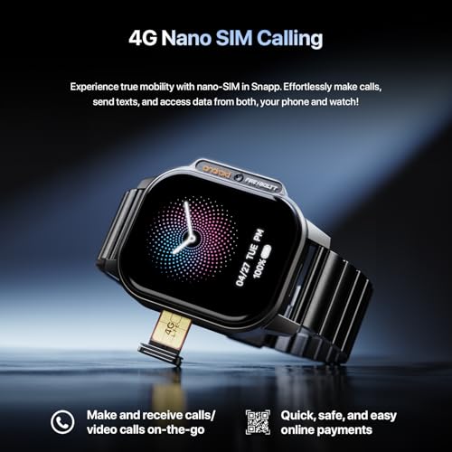 Fire-Boltt Snapp Smart Watch, Selfie Camera, 4G Nano-SIM Slot, 54.1mm AMOLED Display, Play Store- Unlimited apps, 1000mAh Battery, 2GB/4GB RAM + 16GB/64GB ROM (Jet Black Luxe)|B0D6BT12G8