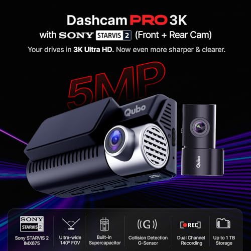 Qubo Car Dashcam Pro 3K with Sony STARVIS 2 IMX675 Sensor | Dual Channel | Hero Group | NightPulse Vision | 5MP UHD Front (140°), 2MP FHD Rear | 3.2" LCD | Built-in GPS, Wi-Fi, Mic | Up to 1TB Storage|B0F2237M2D