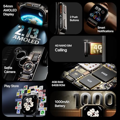 Fire-Boltt Snapp Smart Watch, Selfie Camera, 4G Nano-SIM Slot, 54.1mm AMOLED Display, Play Store- Unlimited apps, 1000mAh Battery, 2GB/4GB RAM + 16GB/64GB ROM (Jet Black Luxe)|B0D6BT12G8