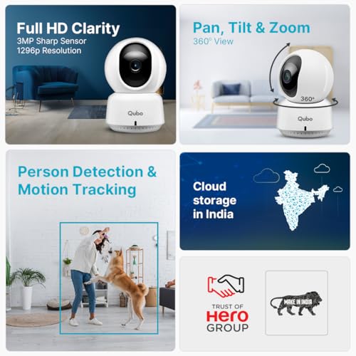 Qubo Smart 360 2K 3MP 1296p WiFi CCTV Security Camera from Hero Group | Mobile App | Two Way Talk | Night Vision | Cloud & SD Card Recording | Made in India | Alexa & OK Google | (3MP) - Nalanda Enterprises