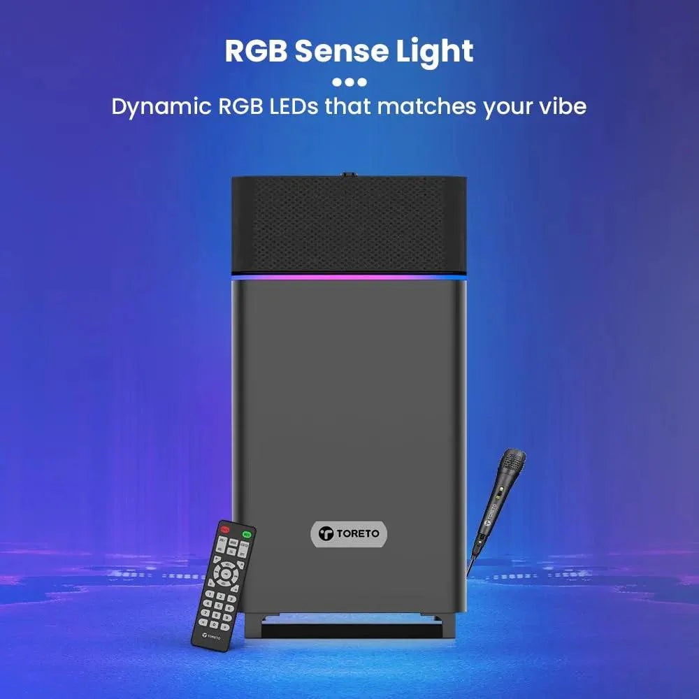 Toreto Party Mini Powerful 70W RMS Home Theater Bluetooth Party Box Party/Home Audio Speaker with High Power Bass, Wired Karaoke Mic, AUX, USB and Dynamic RGB LED - Nalanda Enterprises