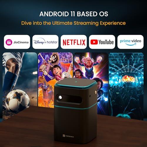 Portronics Pico 12 Portable Smart Projector with Android 11, 4K Ultra HD Support, Rechargeable, 3200 Lumens, DLP Technology, 120" Max Display, Auto Keystoning, 5W Speaker (Black) - Nalanda Enterprises