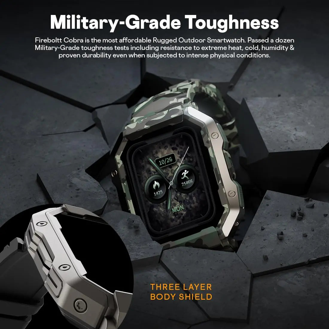Fireboltt Cobra rugged outdoor smartwatch with camo design and three-layer body shield, showcased on cracked concrete for military-grade toughness, Nalanda Enterprises.