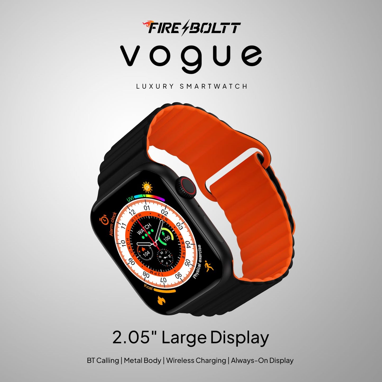 Boltt Newly Launched Vogue Large 2.05" Display Smart Watch, Always On Display, Wireless Charging, App Based GPS with Bluetooth Calling & 500+ Watch Faces (Loop Orange)