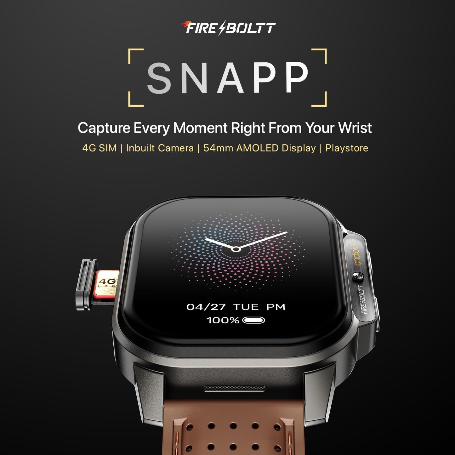 Fire-Boltt Snapp Smart Watch, Selfie Camera, 4G Nano-SIM Slot, 54.1mm AMOLED Display, Play Store- Unlimited apps, 1000mAh Battery, 2GB/4GB RAM + 16GB/64GB ROM (Archaic Black)