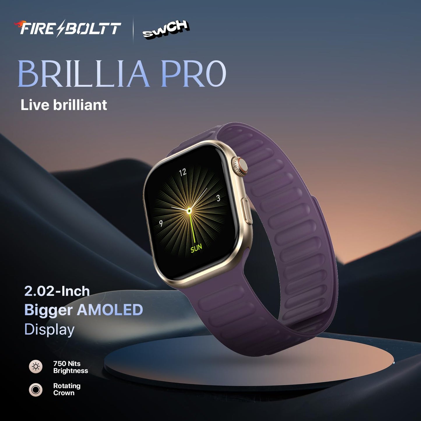 Fire-Boltt Brillia Pro Smart Watch with 51.3mm (2.02 inch) AMOLED Display, Bluetooth Calling, SpO2, Heart Rate Monitoring, 120+ Sports Modes, IP67 Waterproof, Long Battery Life (Black Wave)