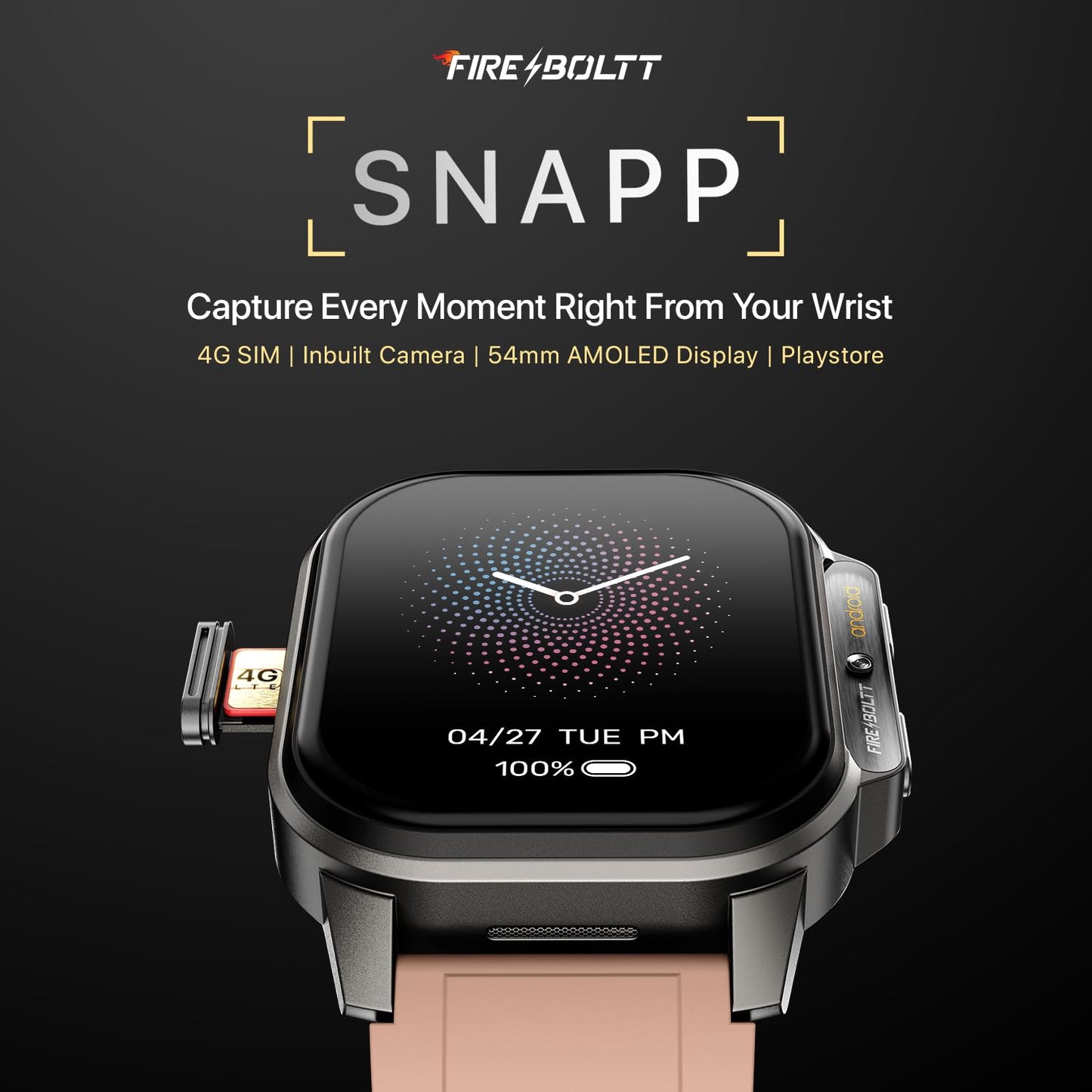 Fire-Boltt Snapp Smart Watch, Selfie Camera, 4G Nano-SIM Slot, 54.1mm AMOLED Display, Play Store- Unlimited apps, 1000mAh Battery, 2GB/4GB RAM + 16GB/64GB ROM (Archaic Black)