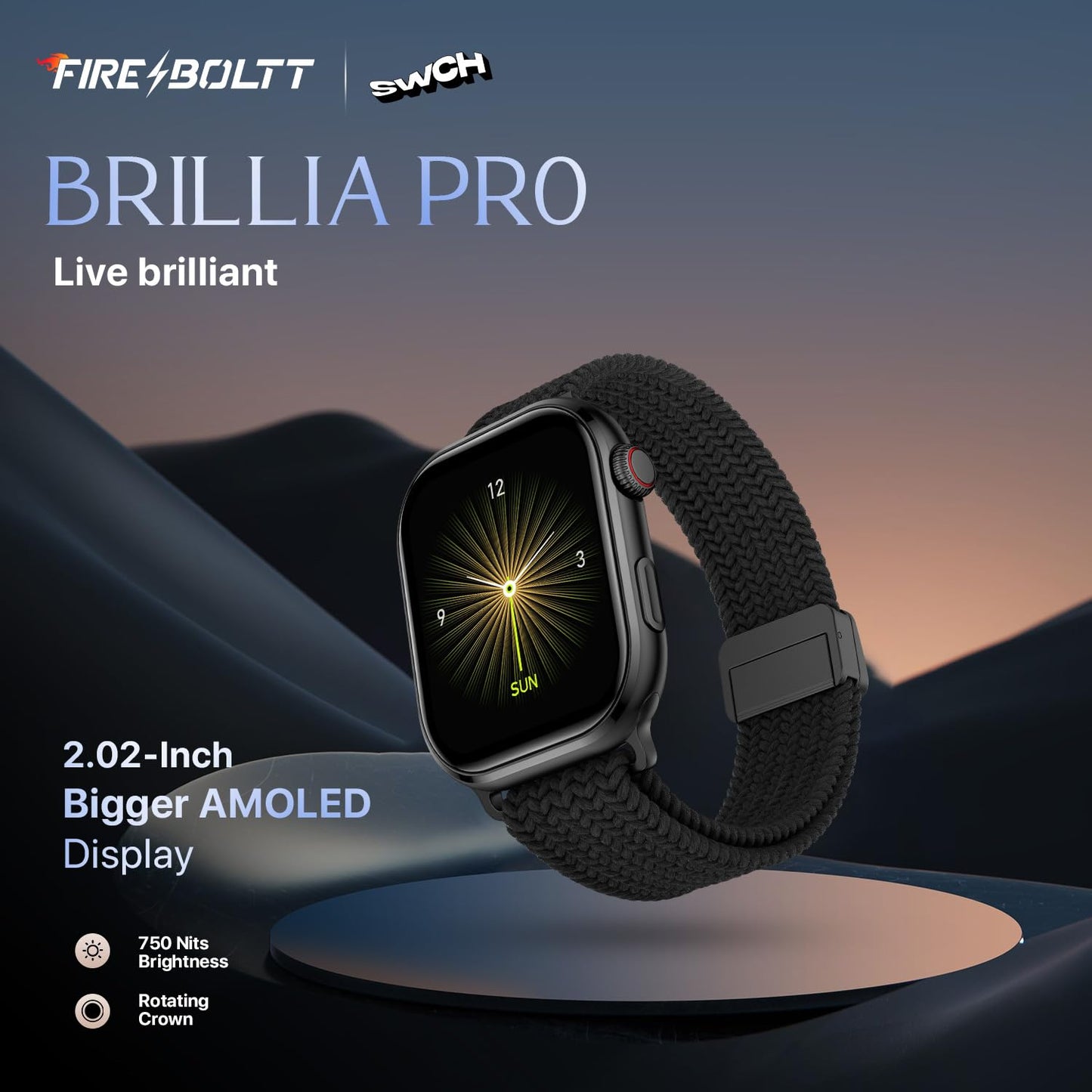 Fire-Boltt Brillia Smart Watch with 51.3mm (2.02 inch) AMOLED Display, Bluetooth Calling, SpO2, Heart Rate Monitoring, 120+ Sports Modes (Brillia, Black)