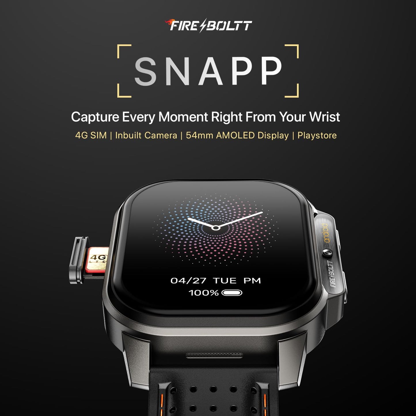 Fire-Boltt Snapp Smart Watch, Selfie Camera, 4G Nano-SIM Slot, 54.1mm AMOLED Display, Play Store- Unlimited apps, 1000mAh Battery, 2GB/4GB RAM + 16GB/64GB ROM (Archaic Black)