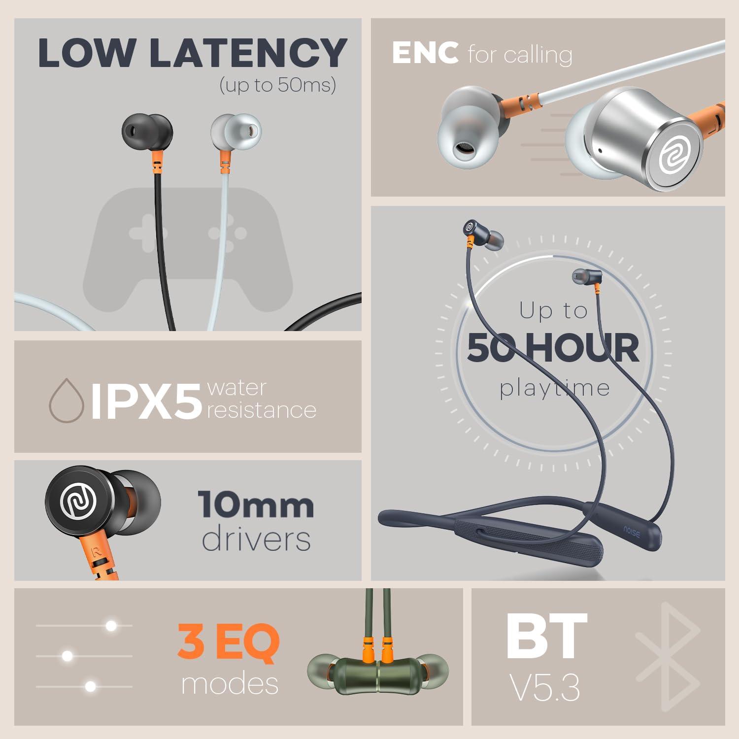 Noise Airwave Bluetooth in Ear Neckband with 50H of Playtime, 3 EQ Modes, ENC for Calling, Low Latency(Upto 50ms), 10mm Driver, BT v5.3(Jet Black) - Nalanda Enterprises