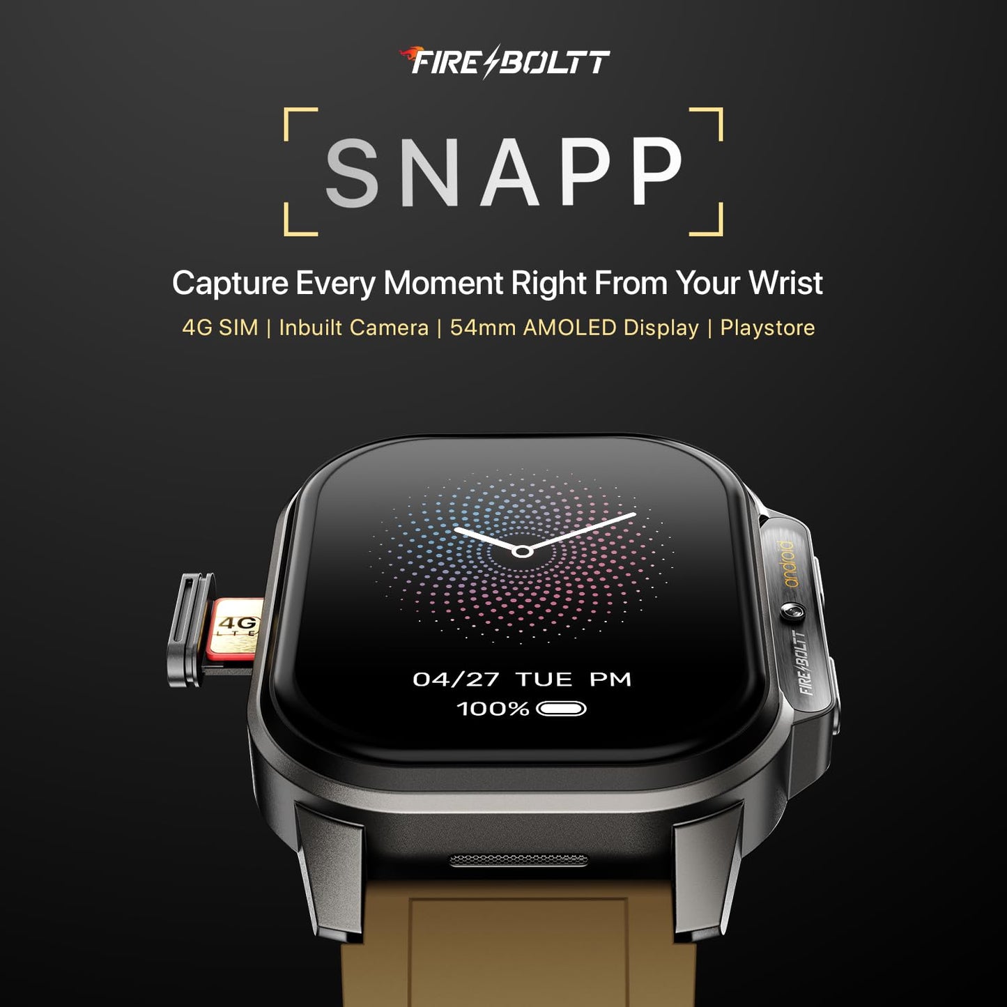 Fire-Boltt Snapp Smart Watch, Selfie Camera, 4G Nano-SIM Slot, 54.1mm AMOLED Display, Play Store- Unlimited apps, 1000mAh Battery, 2GB/4GB RAM + 16GB/64GB ROM (Archaic Black)