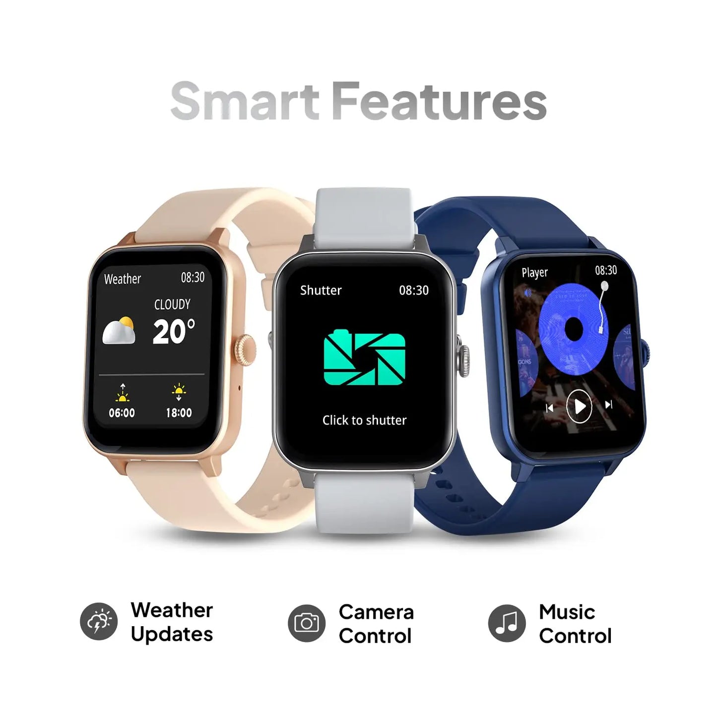 Three smartwatches displaying weather, camera control, and music features, Nalanda Enterprises