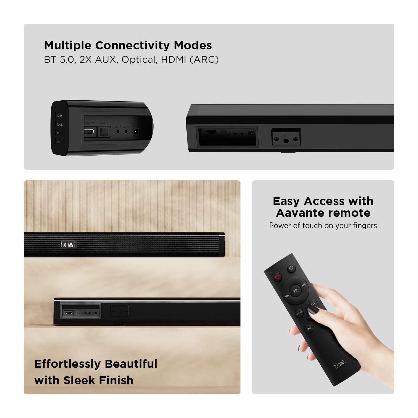boAt Aavante Bar 900/908 Bluetooth Soundbar with 30W RMS, 2.0 Channel, Multiple Connectivity, EQ Modes, Sleek Finish, Easy Access Integrated Controls(Premium Black) - Nalanda Enterprises