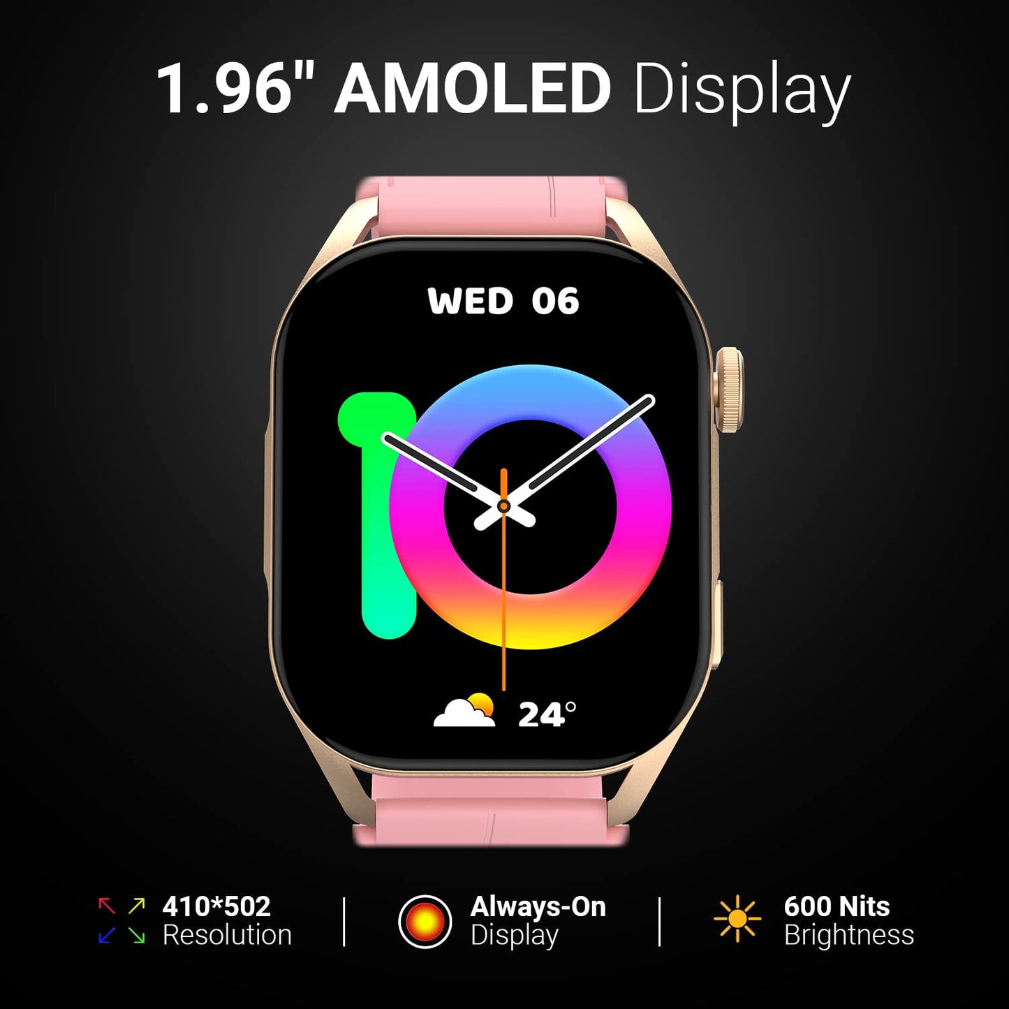 Fire-Boltt Emperor AMOLED 1.96" Display, Bluetooth Calling Smartwatch, AI Voice Assistant, 100+ App Based Sports Modes, Rotating Crown with Always On Display (Pink)