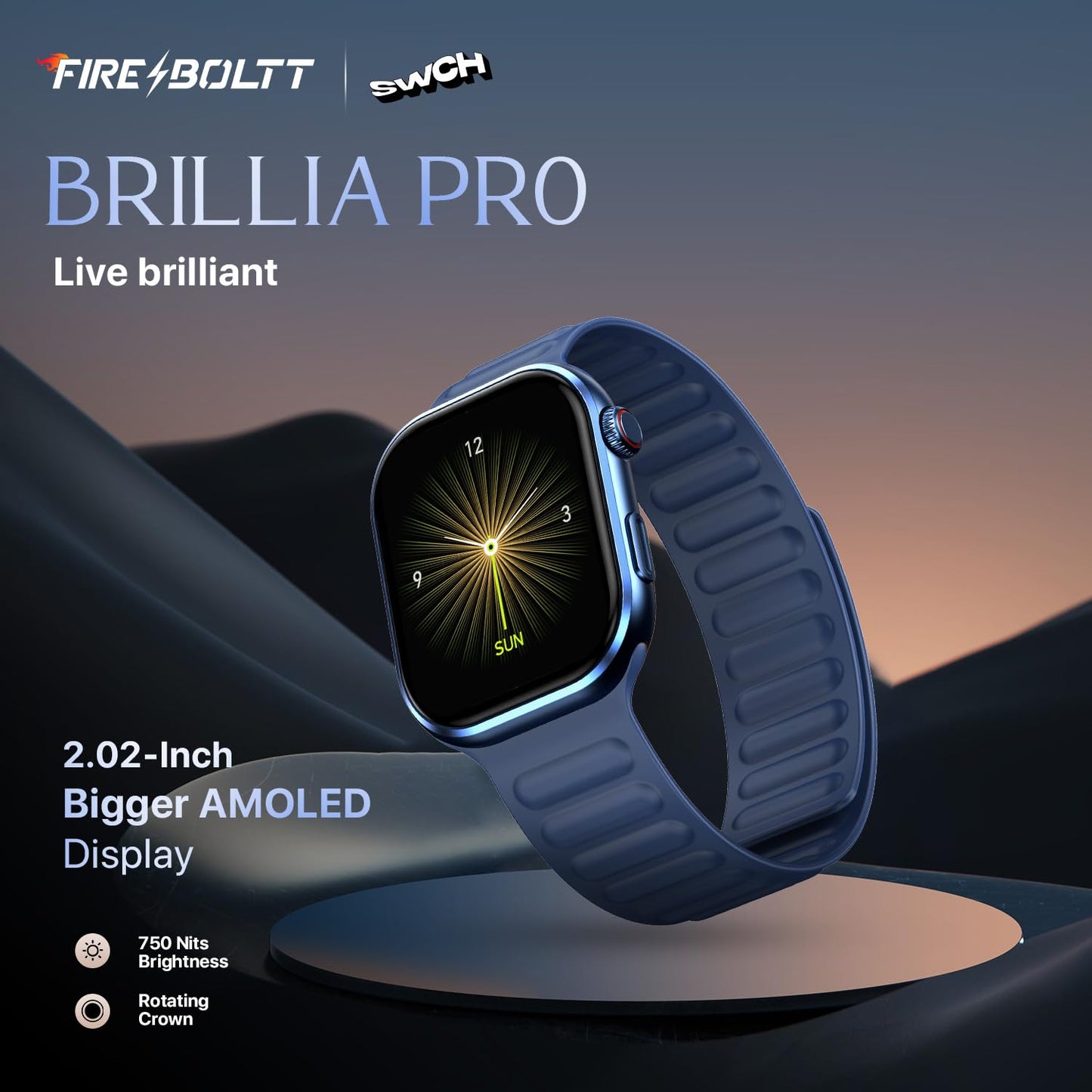 Fire-Boltt Brillia Pro Smart Watch with 51.3mm (2.02 inch) AMOLED Display, Bluetooth Calling, SpO2, Heart Rate Monitoring, 120+ Sports Modes, IP67 Waterproof, Long Battery Life (Black Wave)