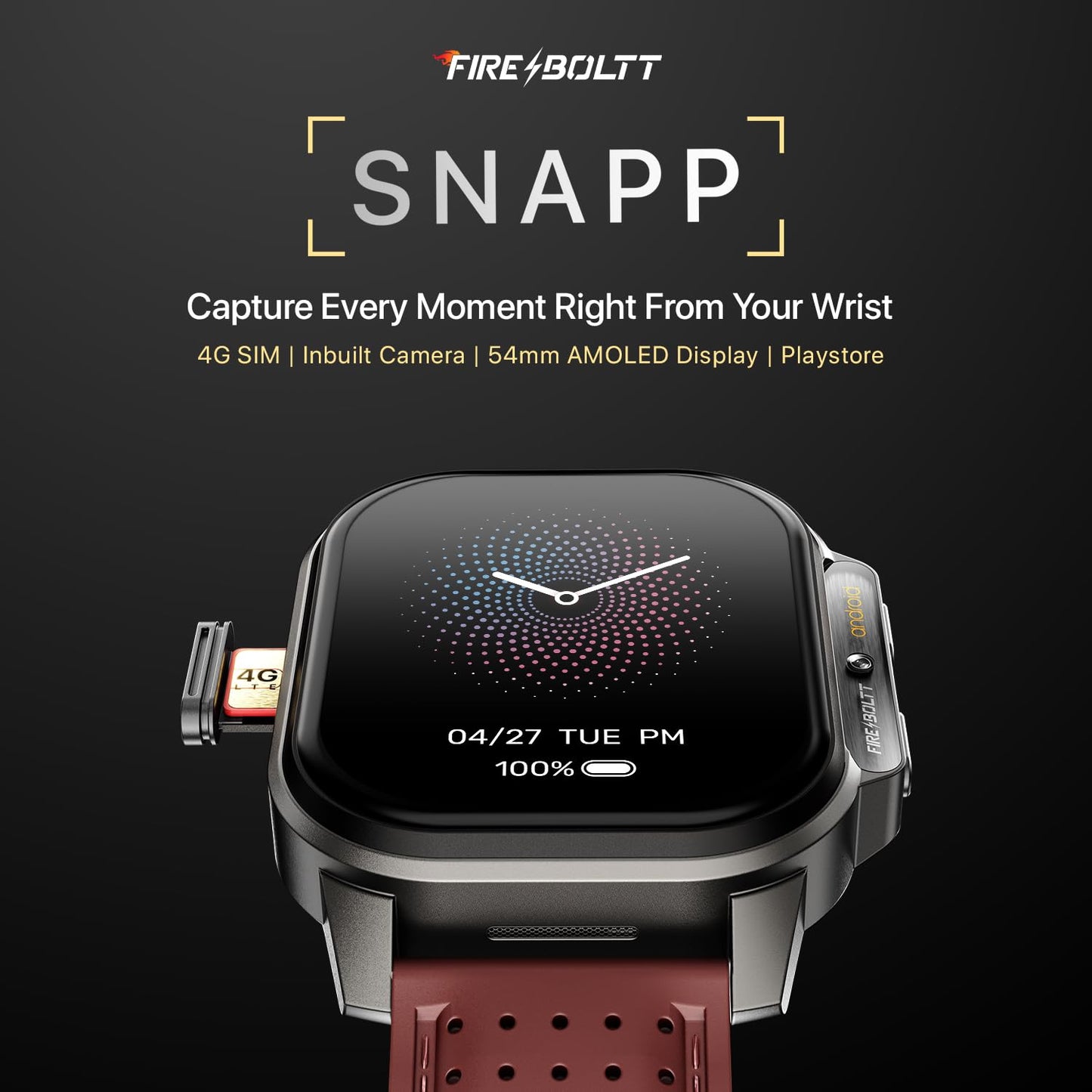 Fire-Boltt Snapp Smart Watch, Selfie Camera, 4G Nano-SIM Slot, 54.1mm AMOLED Display, Play Store- Unlimited apps, 1000mAh Battery, 2GB/4GB RAM + 16GB/64GB ROM (Archaic Black)