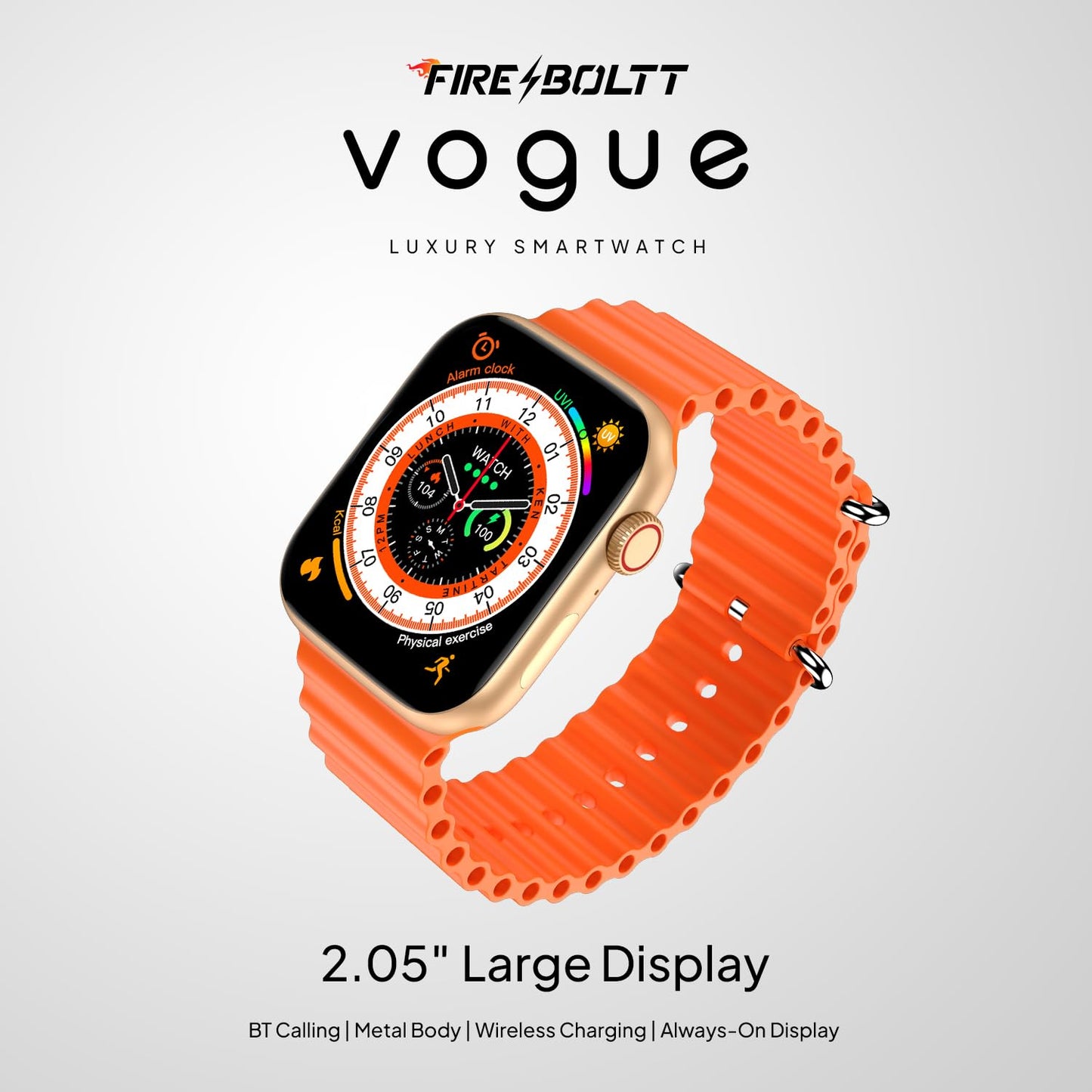 Boltt Newly Launched Vogue Large 2.05" Display Smart Watch, Always On Display, Wireless Charging, App Based GPS with Bluetooth Calling & 500+ Watch Faces (Loop Orange)