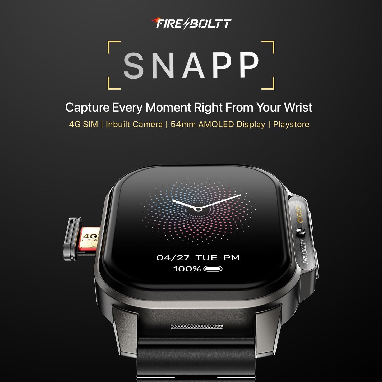 Fire-Boltt Snapp Smart Watch, Selfie Camera, 4G Nano-SIM Slot, 54.1mm AMOLED Display, Play Store- Unlimited apps, 1000mAh Battery, 2GB/4GB RAM + 16GB/64GB ROM (Archaic Black)
