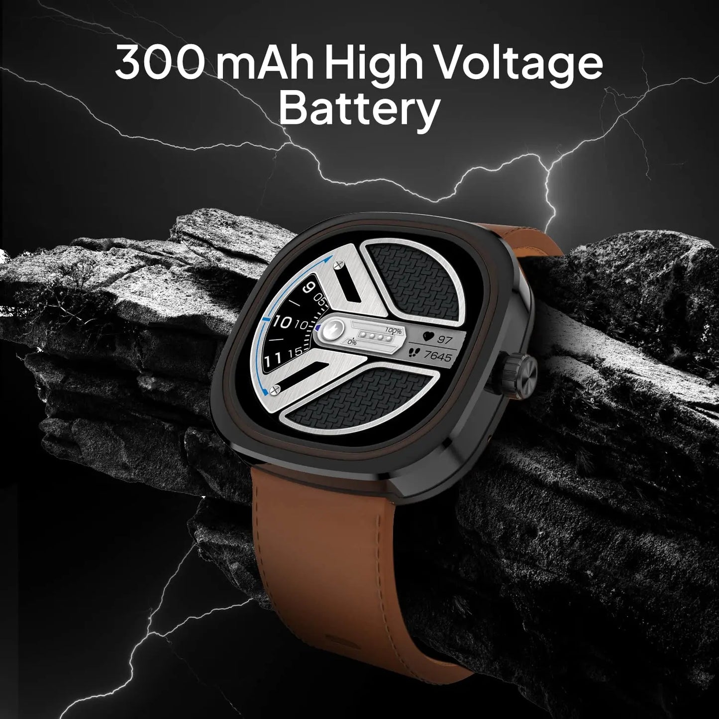 Smartwatch with brown strap and round black display, featuring 300mAh battery text, on Nalanda Enterprises