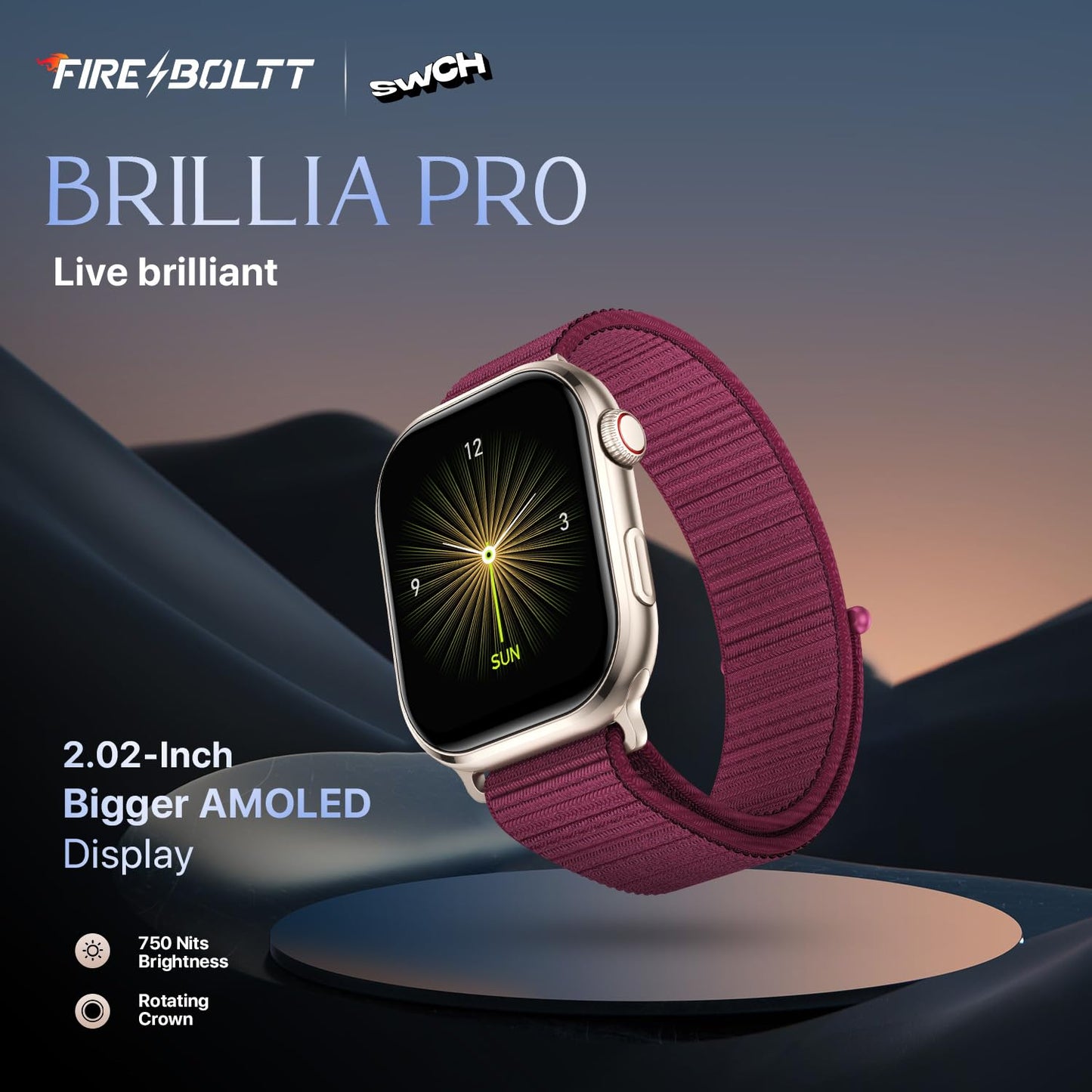 Fire-Boltt Brillia Smart Watch with 51.3mm (2.02 inch) AMOLED Display, Bluetooth Calling, SpO2, Heart Rate Monitoring, 120+ Sports Modes (Brillia, Black)