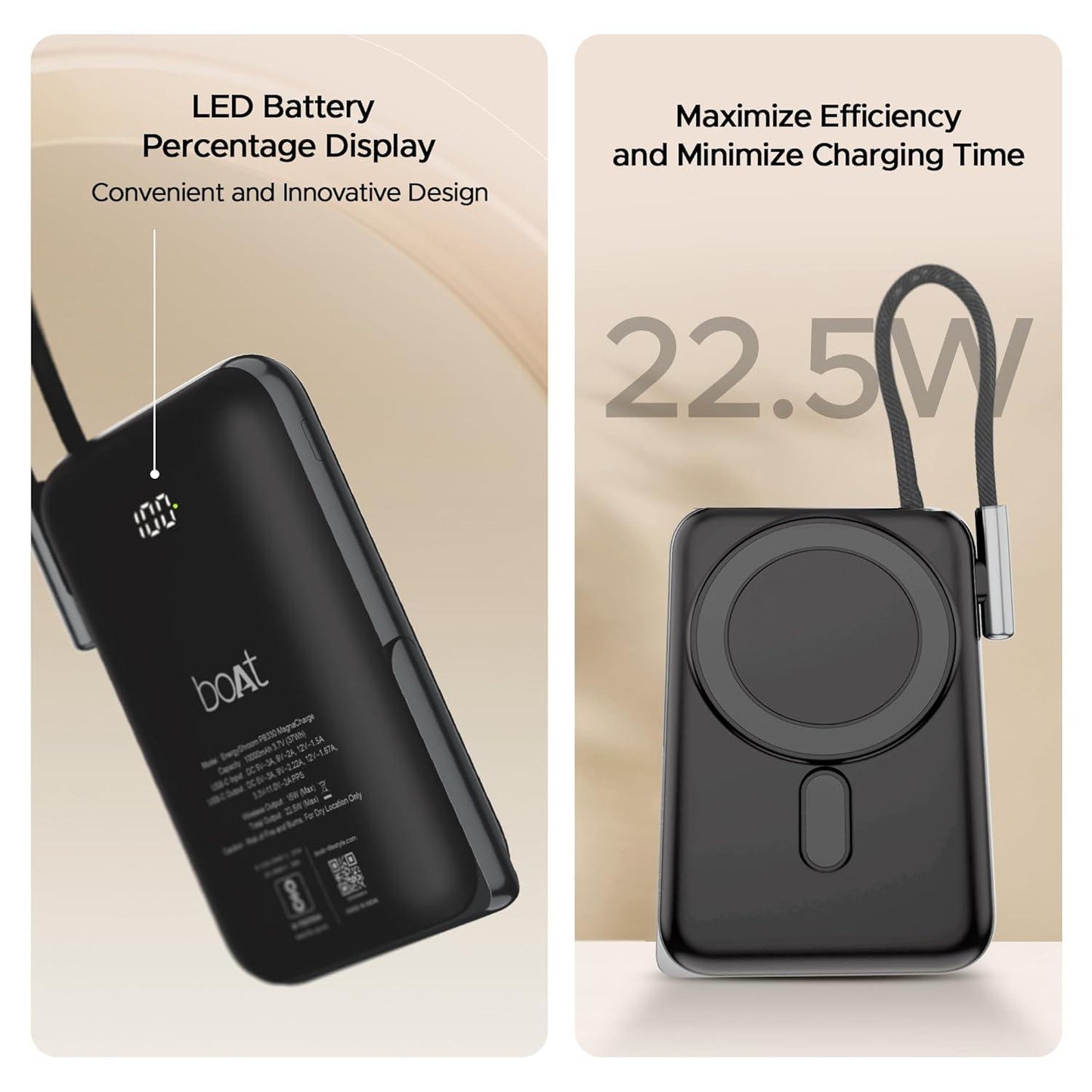 boAt Energyshroom PB330 MagnaCharge 10000 mAh Magnetic Wireless Power Bank w/ 15W Wireless Charging, Metal Stand,Magnacharge Ring for iPhone and Android Phones w/Wireless Charge(Black) - Nalanda Enterprises