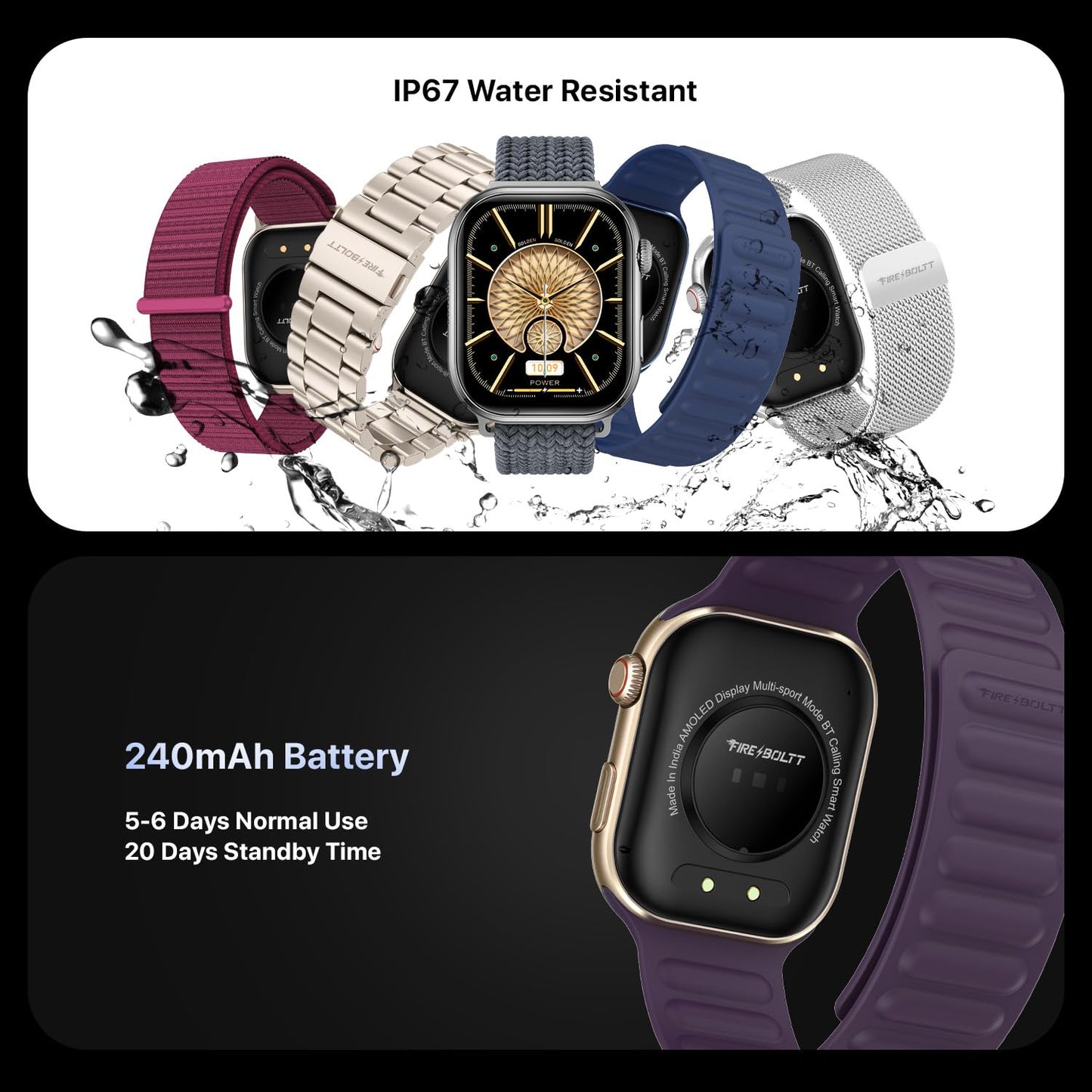 Fire-Boltt Brillia Pro Smart Watch with 51.3mm (2.02 inch) AMOLED Display, Bluetooth Calling, SpO2, Heart Rate Monitoring, 120+ Sports Modes, IP67 Waterproof, Long Battery Life (Black Wave)