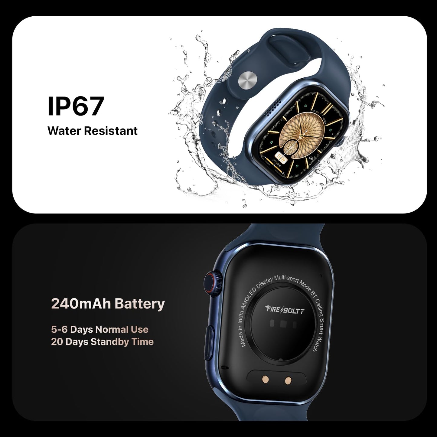 Fire-Boltt Brillia Pro Smart Watch with 51.3mm (2.02 inch) AMOLED Display, Bluetooth Calling, SpO2, Heart Rate Monitoring, 120+ Sports Modes, IP67 Waterproof, Long Battery Life (Black Wave)