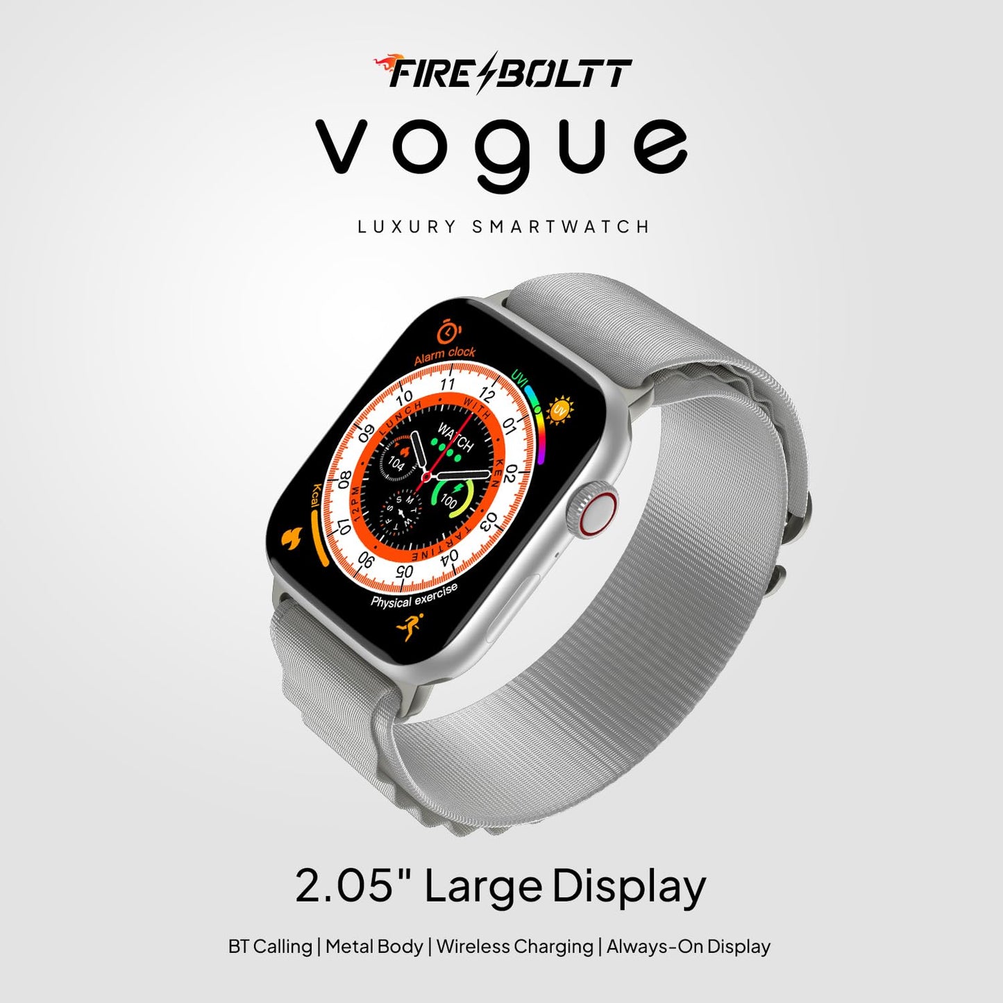 Boltt Newly Launched Vogue Large 2.05" Display Smart Watch, Always On Display, Wireless Charging, App Based GPS with Bluetooth Calling & 500+ Watch Faces (Loop Orange)