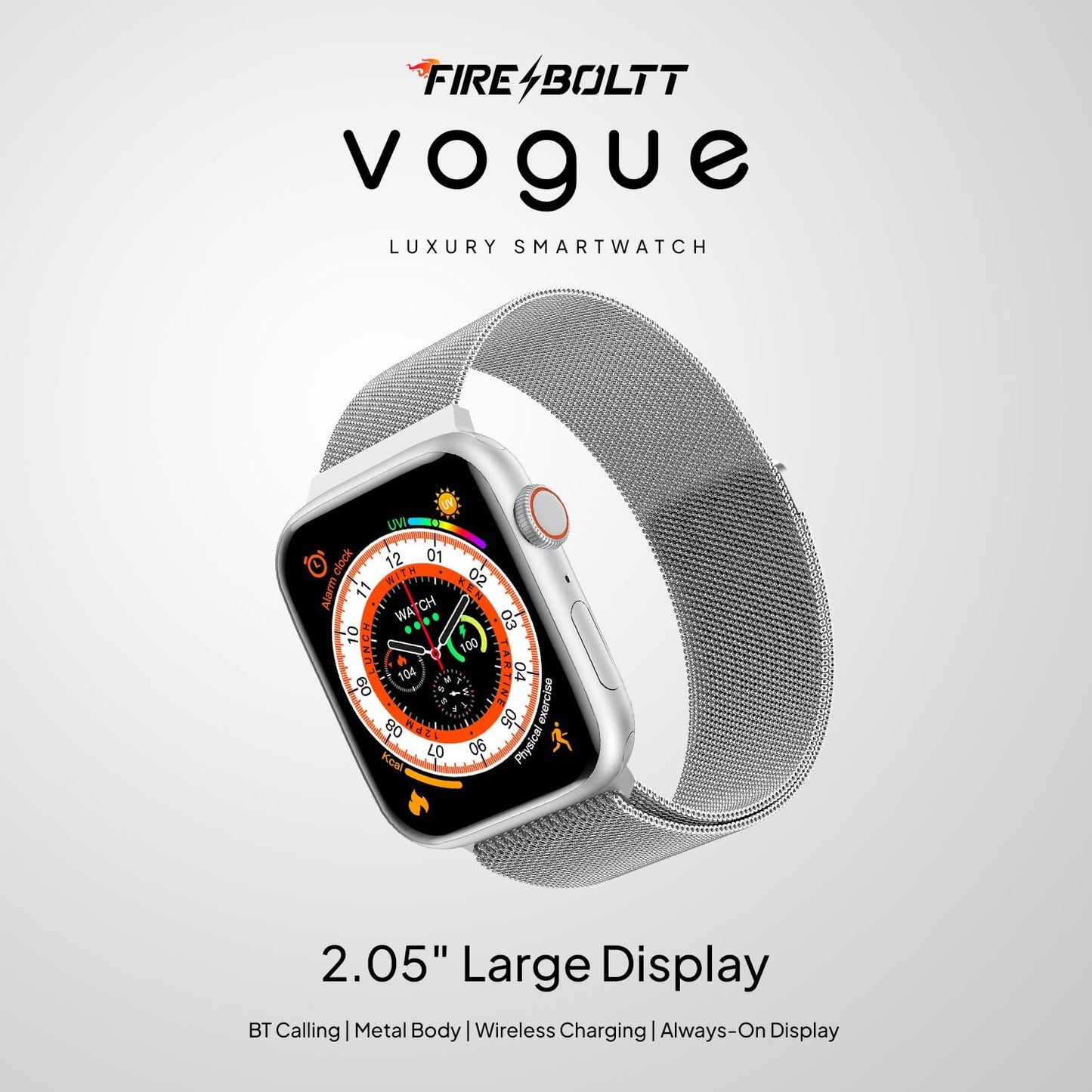 Boltt Newly Launched Vogue Large 2.05" Display Smart Watch, Always On Display, Wireless Charging, App Based GPS with Bluetooth Calling & 500+ Watch Faces (Loop Orange)