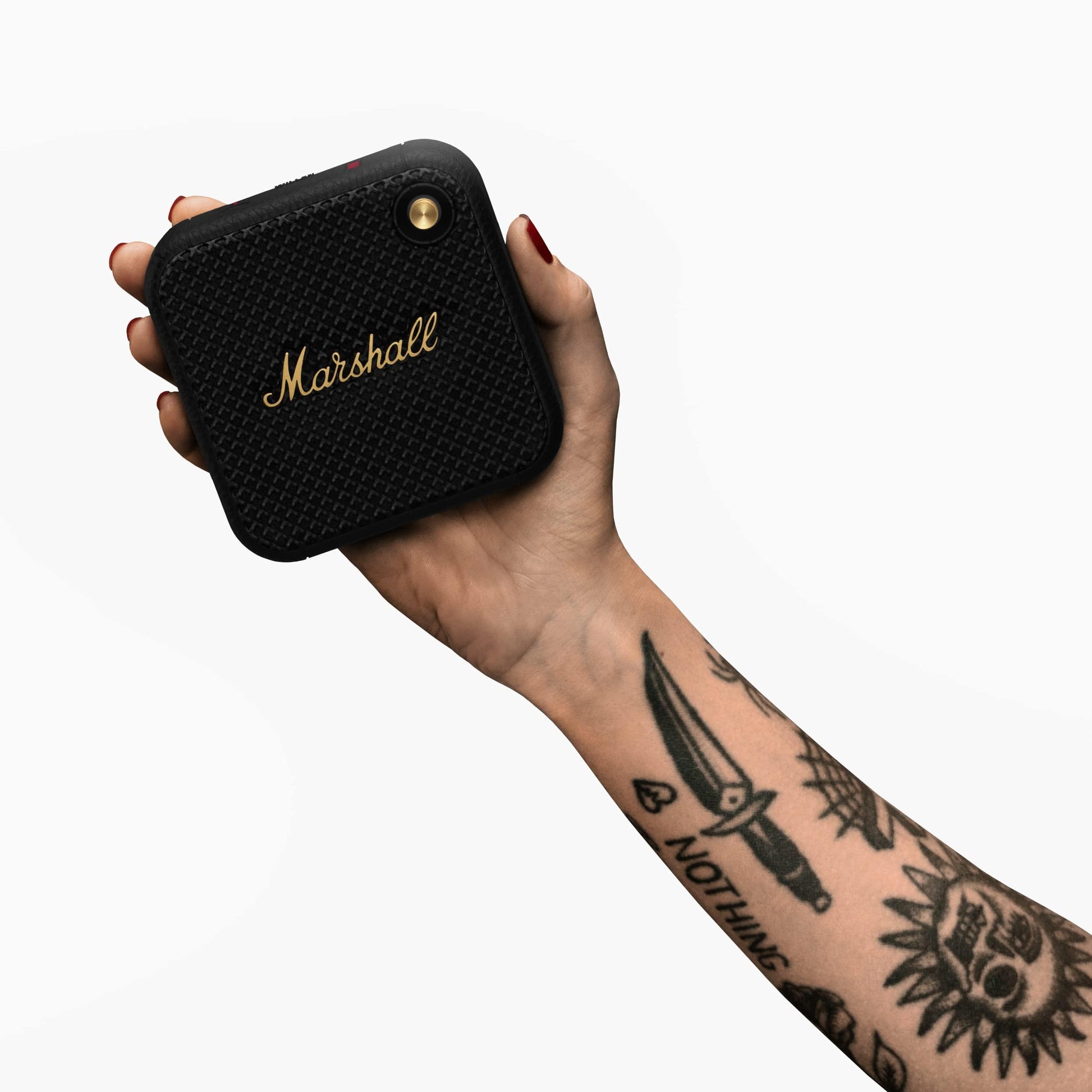 Marshall Willen Portable Bluetooth Speaker with 15+ Hours of Portable Playtime, Dust & Waterproof (IP67) - Black & Brass. - Nalanda Enterprises