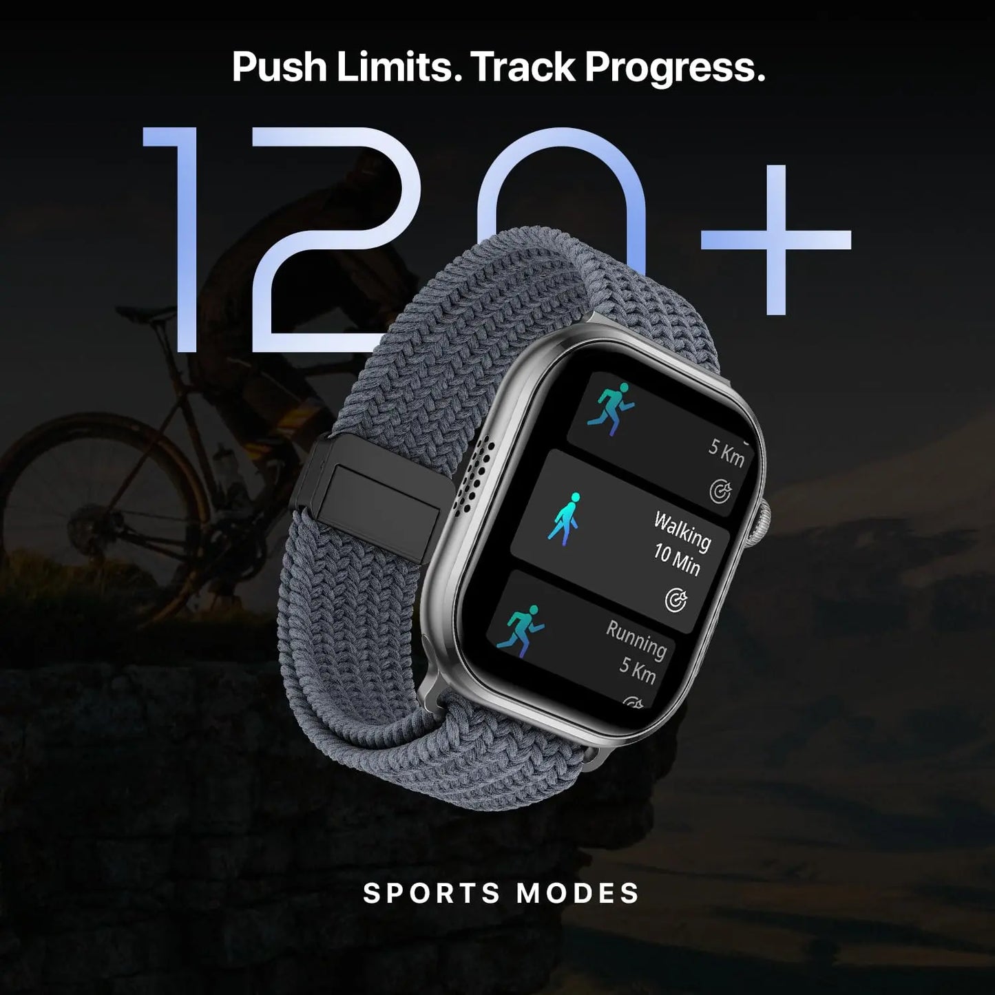Smartwatch with grey woven band displaying sports modes, fitness tracking, 120+ activities