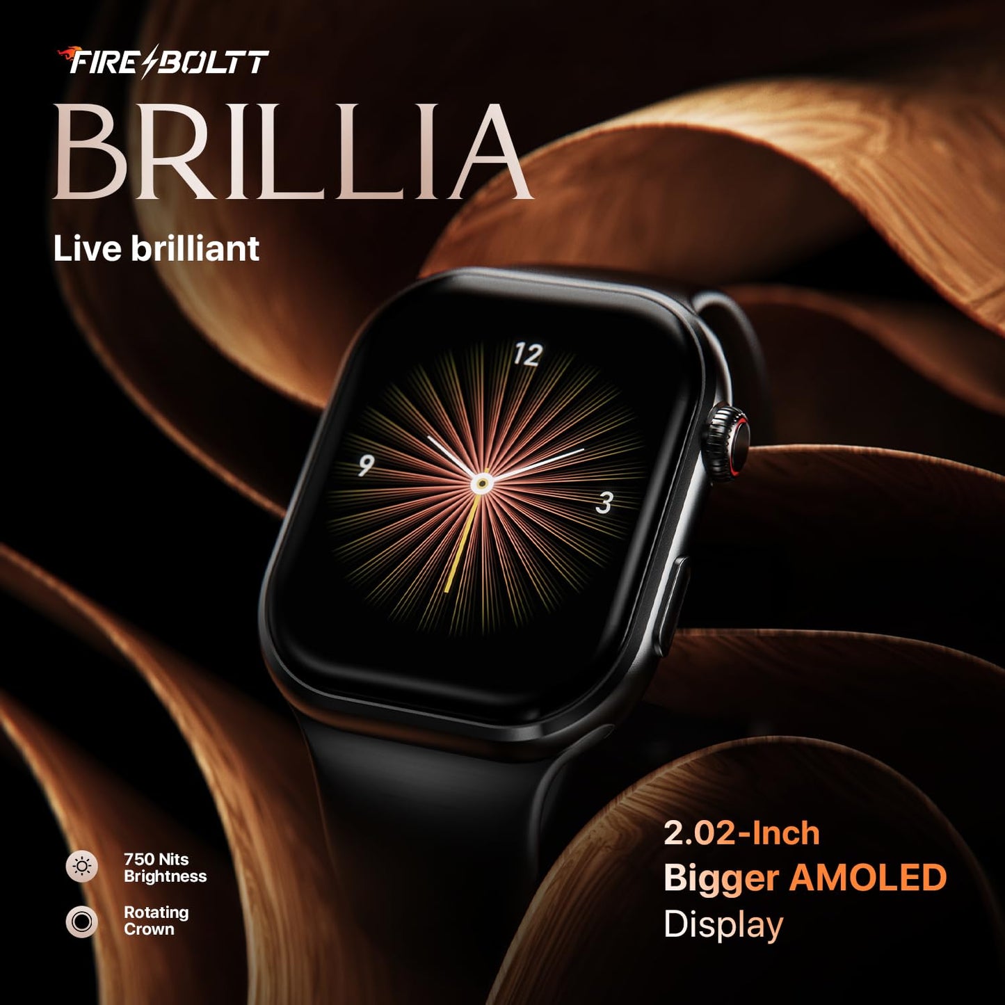 Fire-Boltt Brillia Pro Smart Watch with 51.3mm (2.02 inch) AMOLED Display, Bluetooth Calling, SpO2, Heart Rate Monitoring, 120+ Sports Modes, IP67 Waterproof, Long Battery Life (Black Wave)