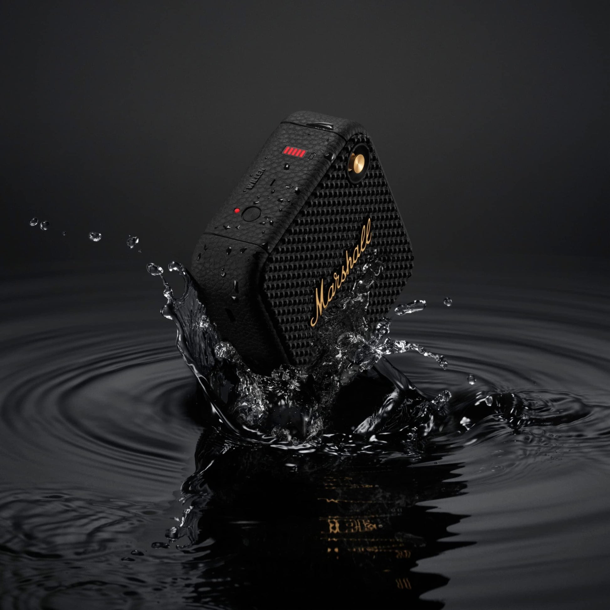 Marshall Willen Portable Bluetooth Speaker with 15+ Hours of Portable Playtime, Dust & Waterproof (IP67) - Black & Brass. - Nalanda Enterprises