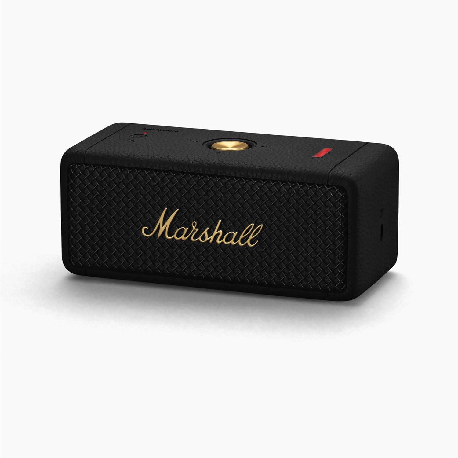 Marshall Emberton II Compact Portable Bluetooth Speaker with 30+ Hours of Playtime, (360° Sound), Dust & Waterproof (IP67) Black & Brass. - Nalanda Enterprises