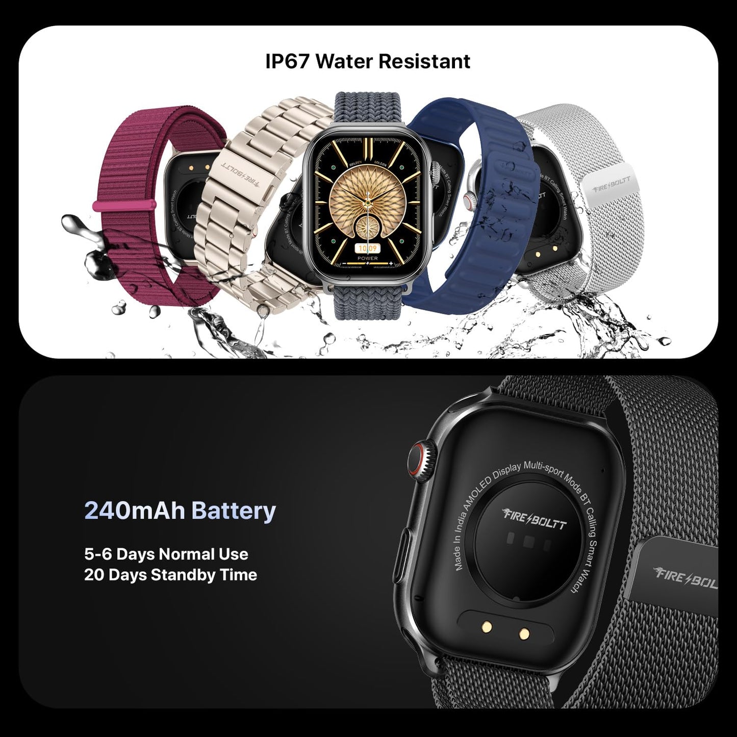 Fire-Boltt Brillia Pro Smart Watch with 51.3mm (2.02 inch) AMOLED Display, Bluetooth Calling, SpO2, Heart Rate Monitoring, 120+ Sports Modes, IP67 Waterproof, Long Battery Life (Black Wave)