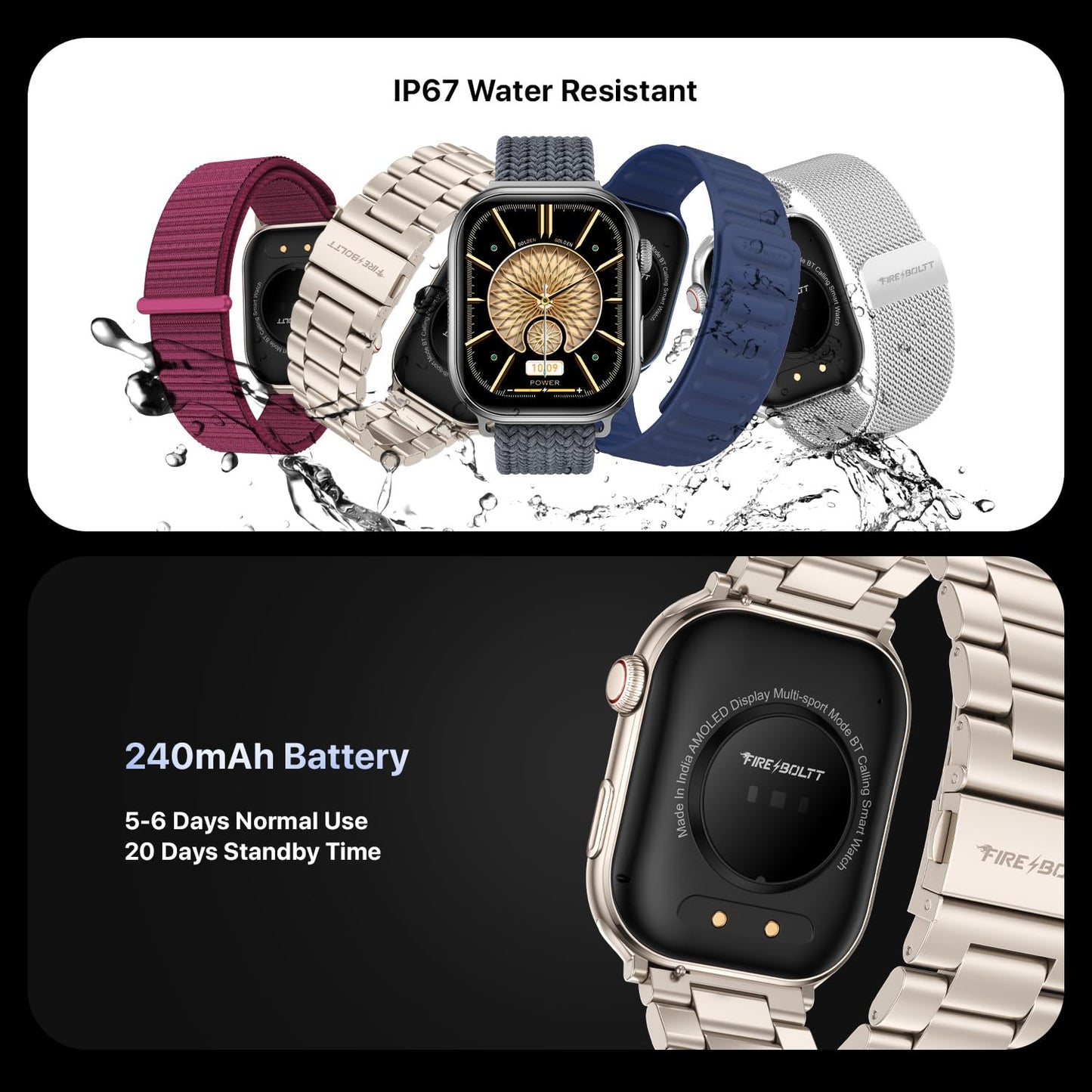 Fire-Boltt Brillia Pro Smart Watch with 51.3mm (2.02 inch) AMOLED Display, Bluetooth Calling, SpO2, Heart Rate Monitoring, 120+ Sports Modes, IP67 Waterproof, Long Battery Life (Black Wave)