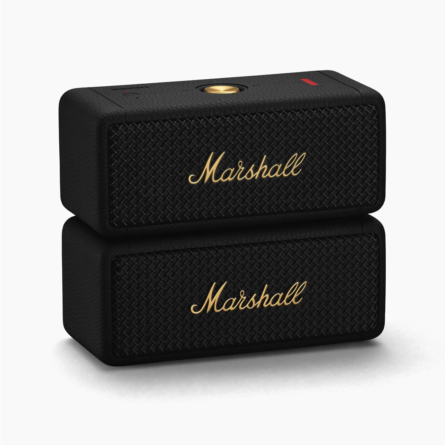 Marshall Emberton II Compact Portable Bluetooth Speaker with 30+ Hours of Playtime, (360° Sound), Dust & Waterproof (IP67) Black & Brass. - Nalanda Enterprises