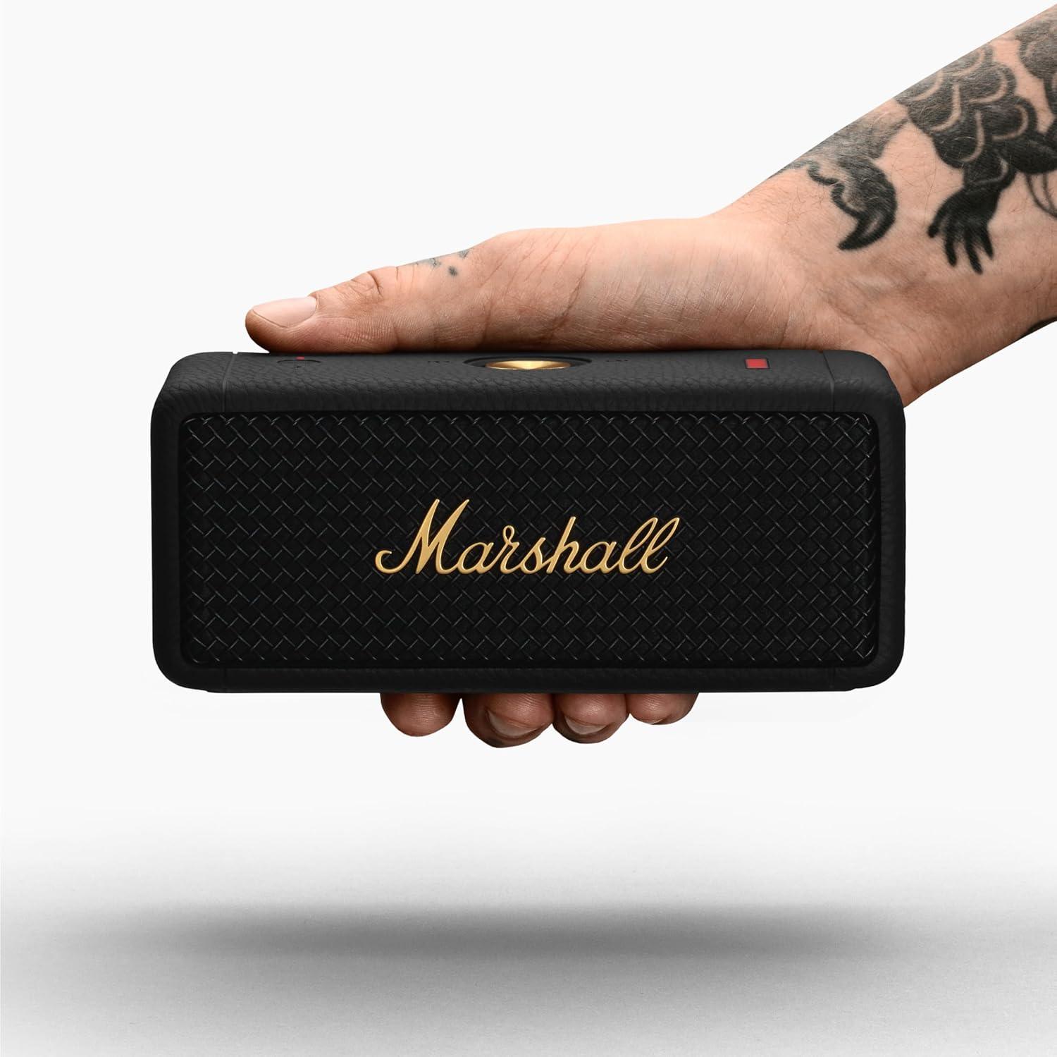 Marshall Emberton II Compact Portable Bluetooth Speaker with 30+ Hours of Playtime, (360° Sound), Dust & Waterproof (IP67) Black & Brass. - Nalanda Enterprises