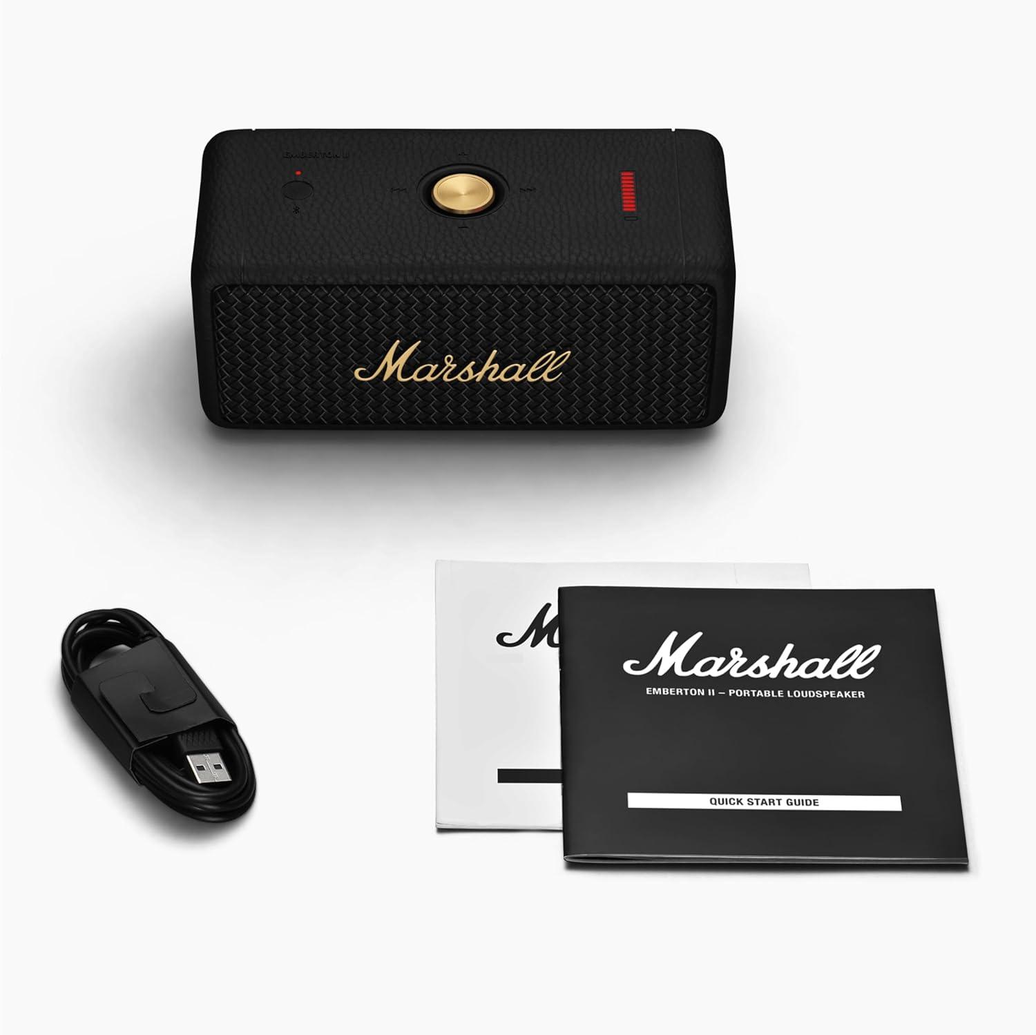 Marshall Emberton II Compact Portable Bluetooth Speaker with 30+ Hours of Playtime, (360° Sound), Dust & Waterproof (IP67) Black & Brass. - Nalanda Enterprises