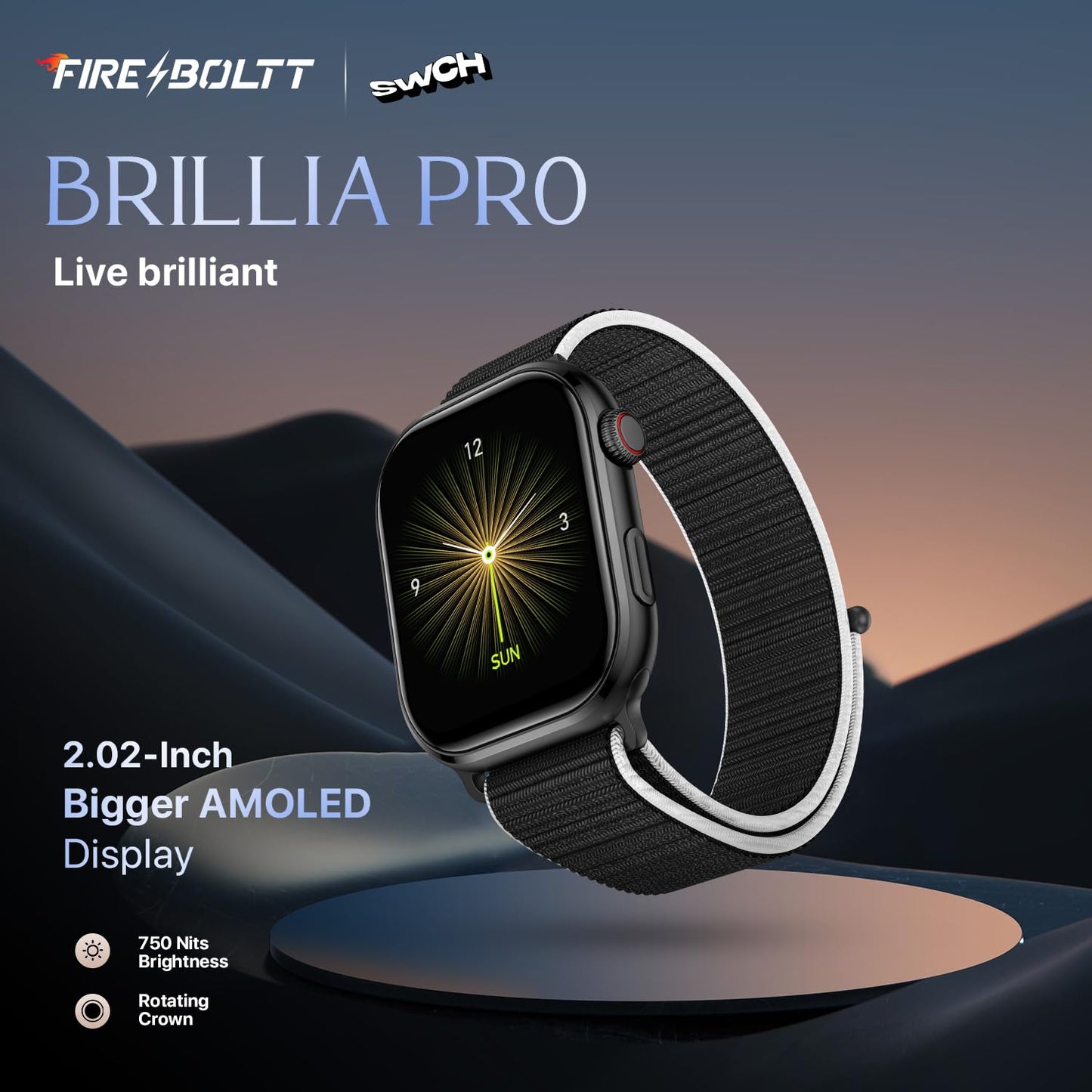Fire-Boltt Brillia Pro Smart Watch with 51.3mm (2.02 inch) AMOLED Display, Bluetooth Calling, SpO2, Heart Rate Monitoring, 120+ Sports Modes, IP67 Waterproof, Long Battery Life (Black Wave)