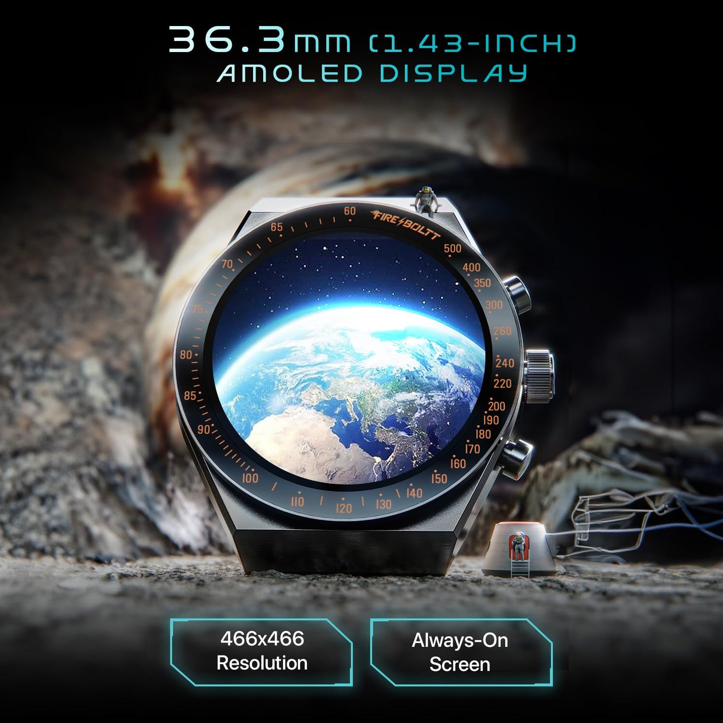 Fire-Boltt Spacewatch 36.3mm (1.43 inch) AMOLED Display, Wireless Charging, Metallic Frame, Stainless Steel Luxury Straps, Complete Health Suite, Bluetooth Calling, Sports Modes