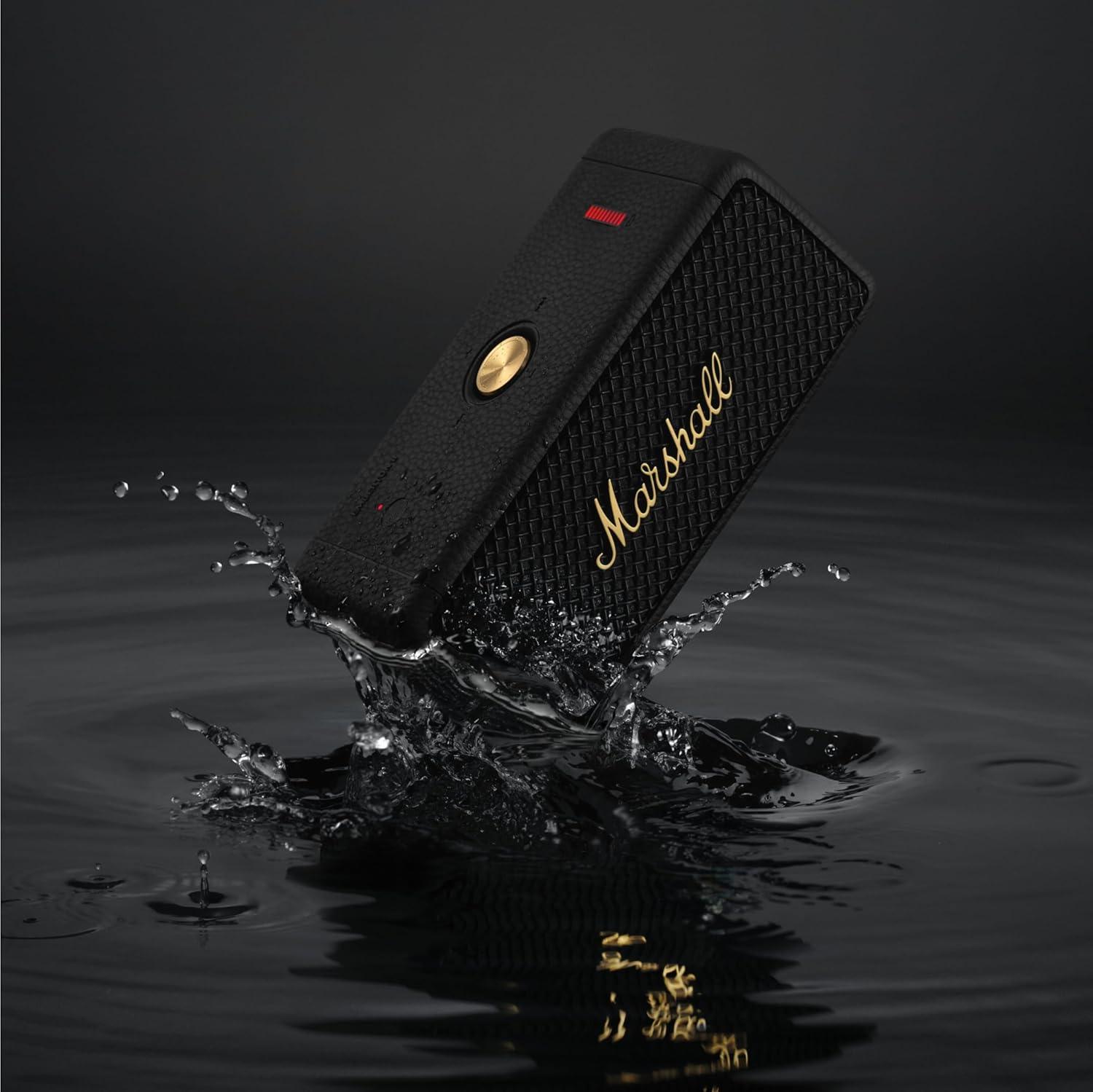 Marshall Emberton II Compact Portable Bluetooth Speaker with 30+ Hours of Playtime, (360° Sound), Dust & Waterproof (IP67) Black & Brass. - Nalanda Enterprises